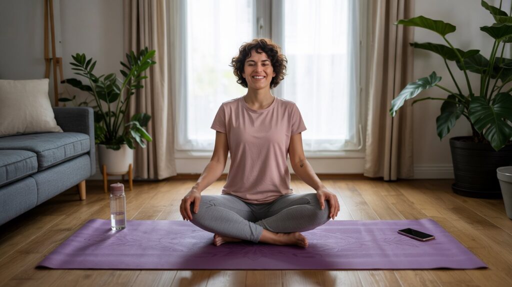 A beginner yogi practices comfortably on a standard-length yoga mat in a home setting, showing a perfect fit for starting out.