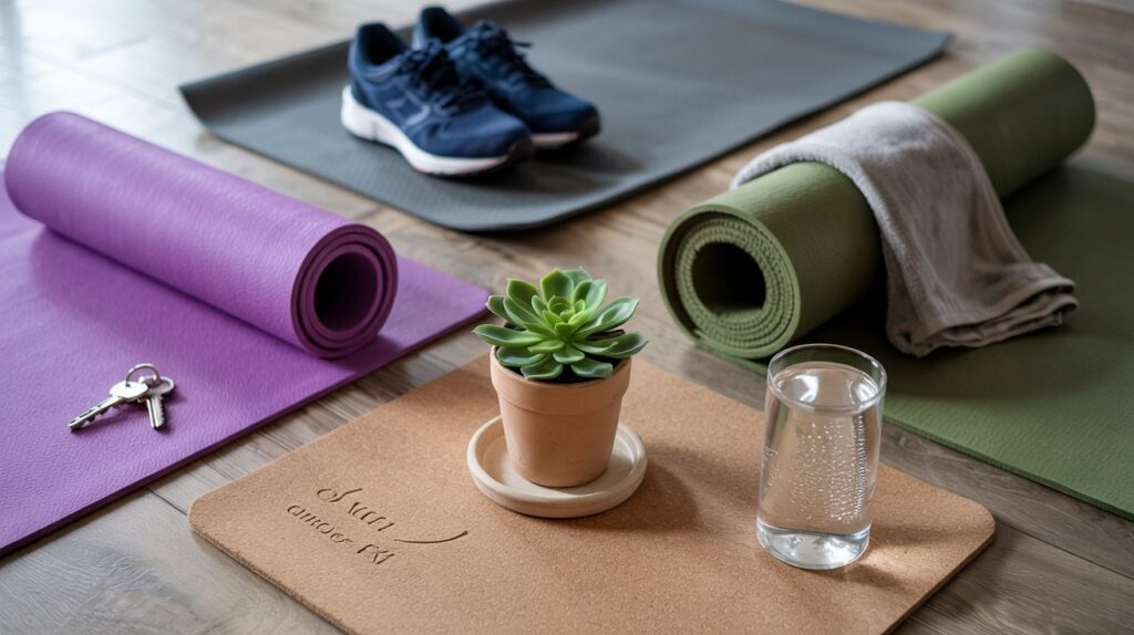 A comparison of five different yoga mat materials - PVC, TPE, Rubber, Cork, and Jute - showcasing their textures and features for various yoga practices.