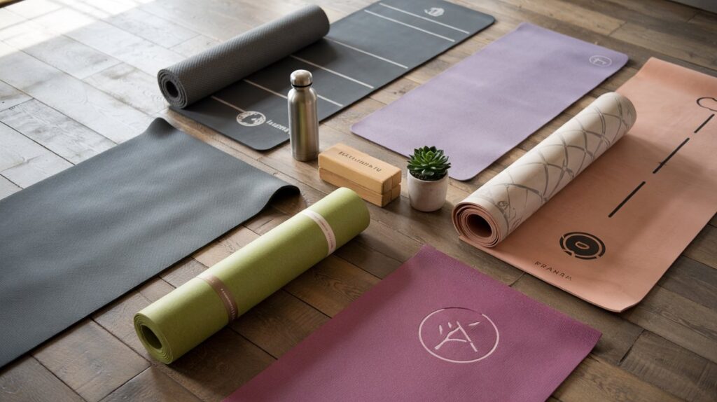 A comparison of top yoga mat brands including Manduka, Lululemon, and Liforme, showcasing their different styles and features for yoga practice.