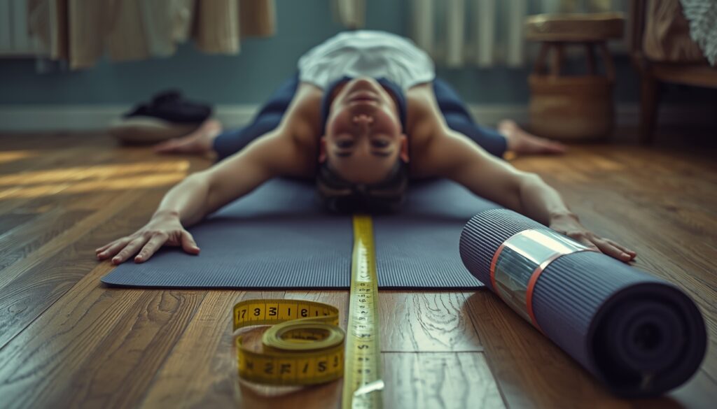 A frustrated yogi cramped on a short yoga mat, demonstrating the common mistake of choosing a mat that is too small for their practice.

