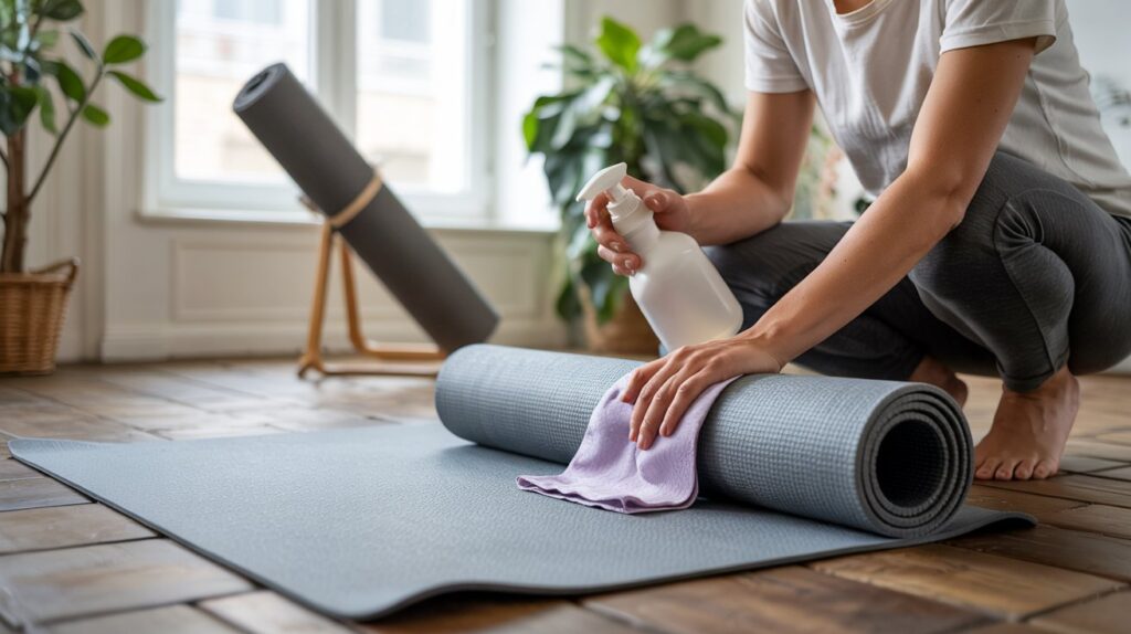 A person cleaning and air-drying a yoga mat, demonstrating simple steps for proper mat care and maintenance.