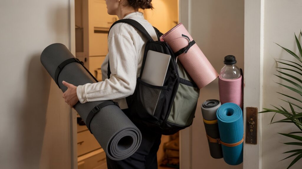 A person comparing a portable, thin yoga mat that fits in a backpack to a bulky, thick mat, demonstrating portability and storage differences.
