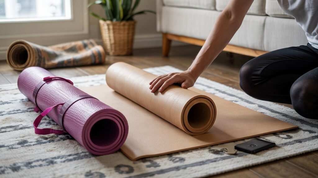 A side-by-side comparison of a budget standard yoga mat and a premium extra-long mat, highlighting the price and value difference.