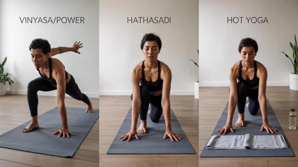 A visual guide showing how different yoga styles, from dynamic to restorative, benefit from standard or long-length mats.