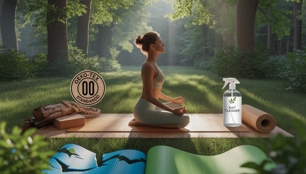 Woman practicing yoga on a natural rubber non-toxic yoga mat in a forest, surrounded by eco-friendly materials. Non Toxic Yoga Mat