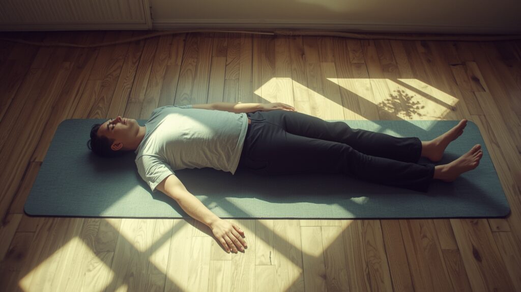 A tall yogi resting comfortably in Savasana on an extra-long, wide yoga mat designed for full-body support.