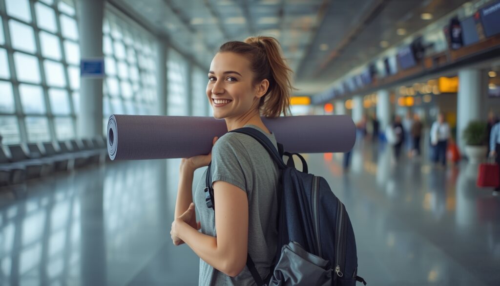 Traveler carrying a lightweight foldable yoga mat in an airport.